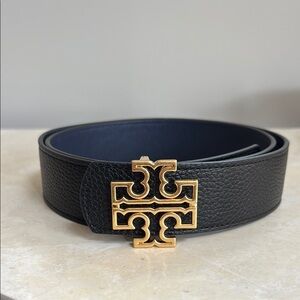 Tory Burch Black Leather Belt with Gold Logo Buckle